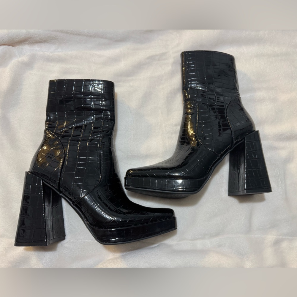 Black Croc-Embossed Ankle Boots
